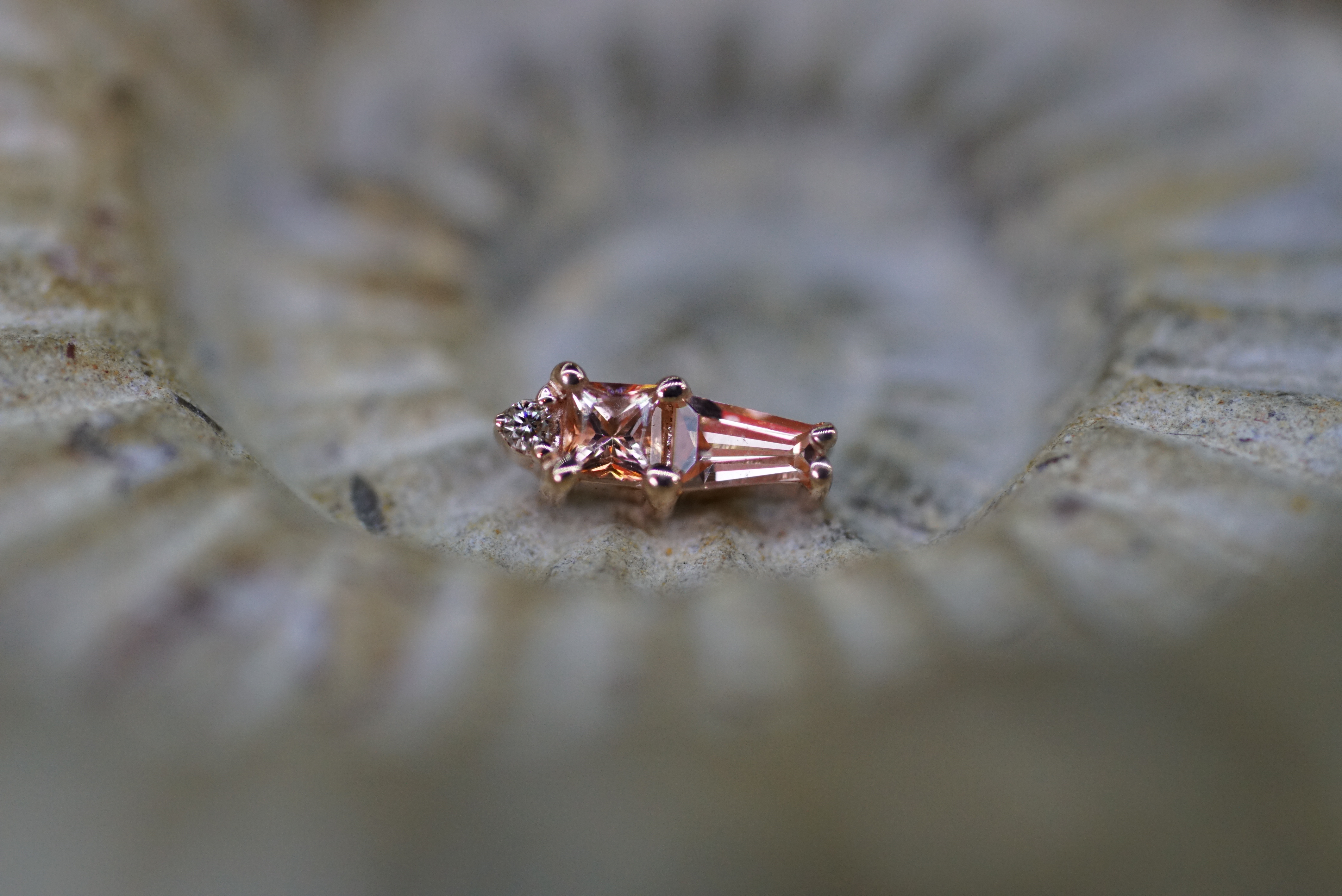 Kappa (Option: Rose Gold with genuine Champagne Diamond, Peach Topaz, and Chantham lab created Champagne Sapphire 18g/16g threaded)