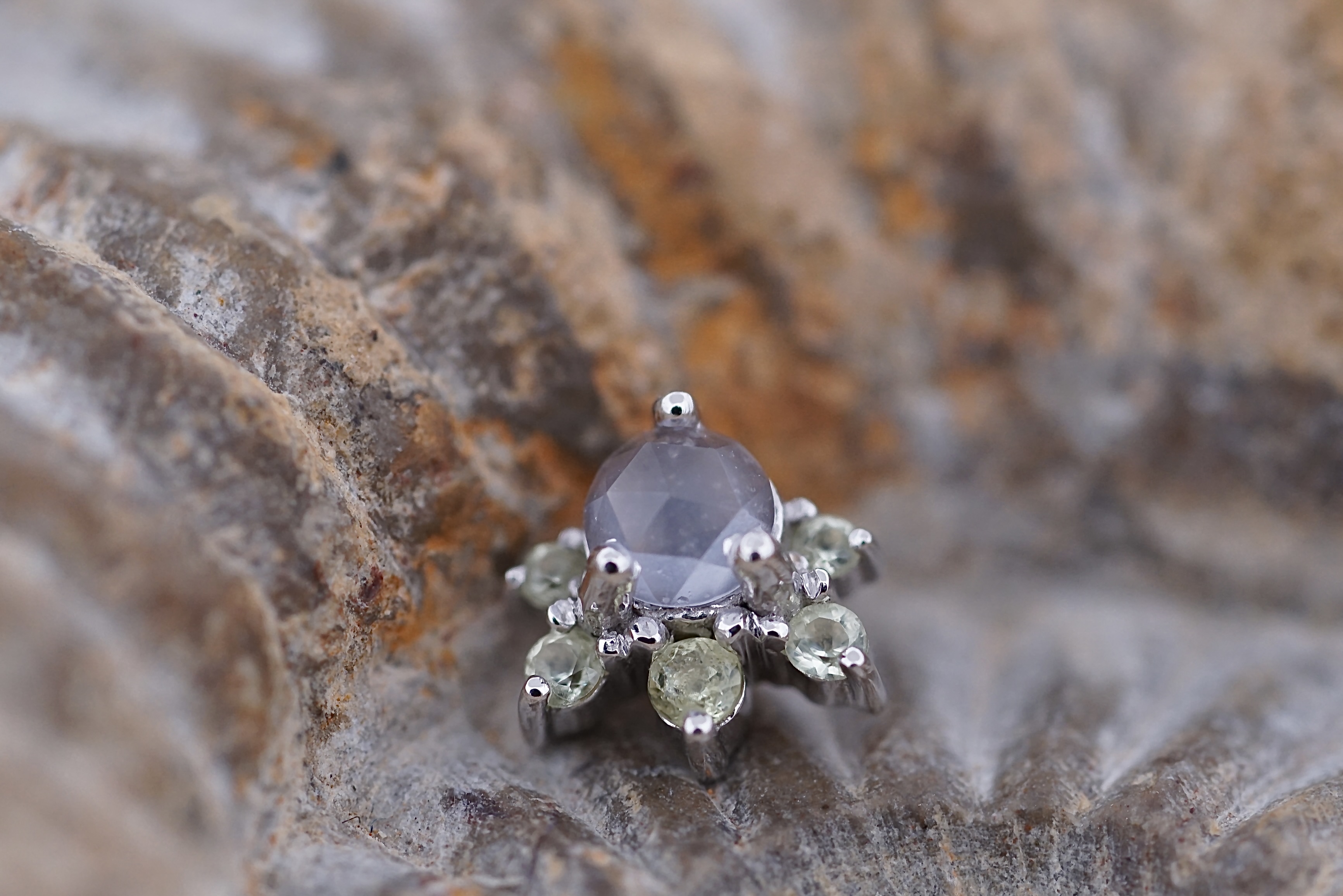 Anaya (Option: White Gold rose cut Lavender Chalcedony and Peridot 18g/16g threaded)